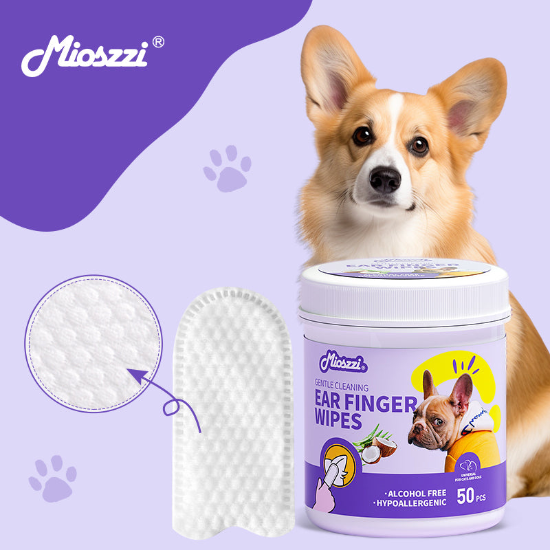 Mioszzi Pet Ear Cleaning Finger Wipes, with added coconut oil, tea tree oil, aloe leaf extract and vitamin E.